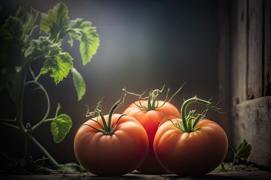Red, luscious, and gorgeous greenhouse grown heirloom tomatoes. a photo of a garden with tomatoes and room for text. minimal focus depth. Generative AI