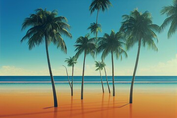 Obraz na płótnie Canvas Holiday summer beach palm trees tropical destination travel pop art illustration poster. Generative AI