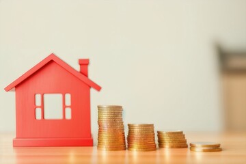 Model of miniature houses made of wood and gold coins, a symbol of wealth. Generative AI.