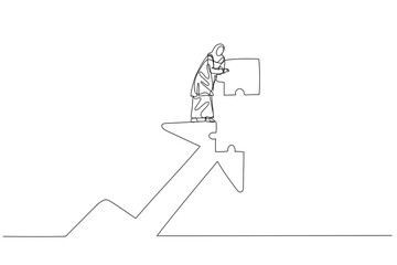 Illustration of muslim woman put last piece of jigsaw puzzle to complete rising up arrow. Concept of growth. Continuous line art