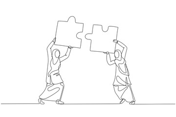 Illustration of muslim woman hold puzzle in the head try to connect puzzle. Concept of partnership. One line art style