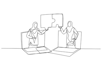 Drawing of muslim woman and coworker connecting jigsaw puzzle. Concept of business solution. One line art style