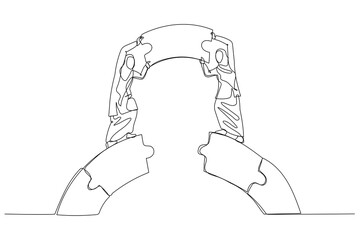 Illustration of muslim woman and coworker connect and build jigsaw puzzle bridge. Concept of solve problem. Single continuous line art style