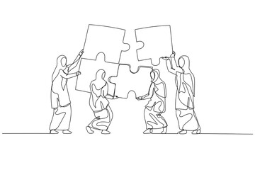 Drawing of muslim woman with team bringing puzzle together. Concept of teamwork. Single line art style