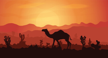 Naklejka na ściany i meble Landscape sunset sky desert cactus mountain camel nature silhouettes. Vector illustration.