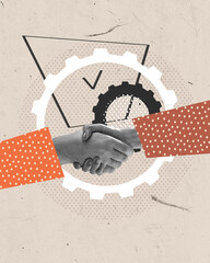 Agreement. Contemporary art collage. Conceptual design. Human shaking hands symbolizing business deal, partnership and cooperation. Concept of business, career development, teamwork, growth - obrazy, fototapety, plakaty