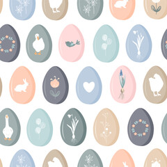 Cute Easter eggs seamless pattern. Spring pastel background, doodle vector illustration