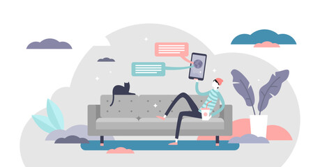 Stay home on couch and social distancing lifestyle illustration in flat tiny persons concept, transparent background. Online social media, news, entertainment services. Digital content streaming.