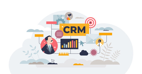 CRM system or business customer relationship management tool tiny person concept, transparent background. Sales control and monitoring software with client database, purchases.