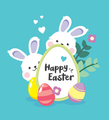 Happy Easter banner, poster, greeting card, holiday covers. Easter design with eggs, bunny, in pastel colors. Congratulations and gifts for Easter in a flat style. Easter Day. Vector design
