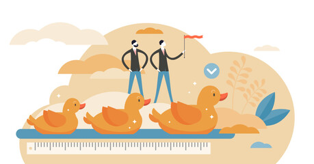 Get your ducks in row visualization illustration in flat tiny persons concept, transparent background. Idiom with meaning to get organized or prepare yourself. System and arrangement organization. - obrazy, fototapety, plakaty