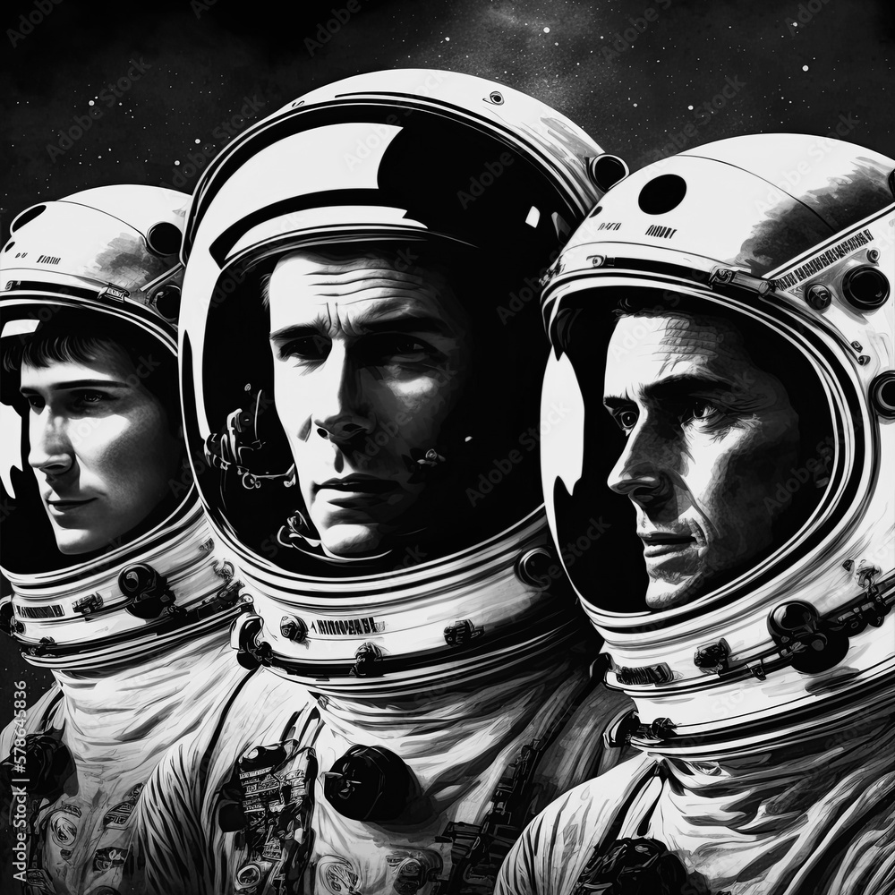 Wall mural poster with team of three astronauts in spacesuits. Generative AI illustration