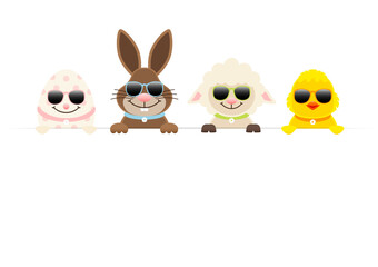 Fototapeta premium Osterei, Osterhase, Schaf & Küken Sonnenbrille Karte