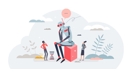 Machine deep learning with big amount of knowledge gathering tiny person concept, transparent background. Self developing robot as artificial intelligence automation illustration.