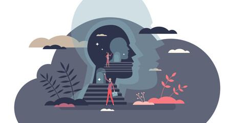 Mind exploring with personality and individuality search tiny person concept, transparent background. Self awareness and mental head exploration with psychological therapy and education illustration.