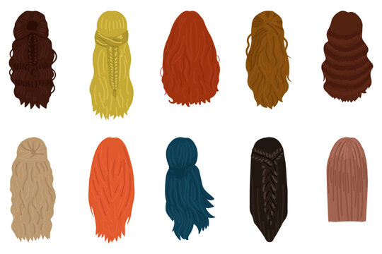 Women hairstyle concept. Collection with natural wigs and beautiful hairstyles. Back view vector illustration