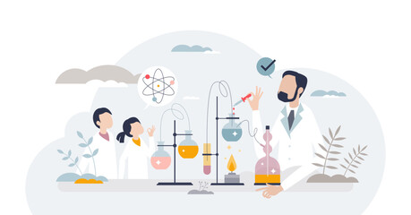 Science experiments with kids in children laboratory tiny person concept, transparent background. Chemical education learning with chemistry equipment and liquid fluids test illustration.