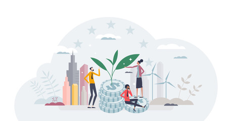 Sustainable investment and nature friendly business tiny person concept, transparent background. Financial growth in future with ecological and environmental power consumption illustration.