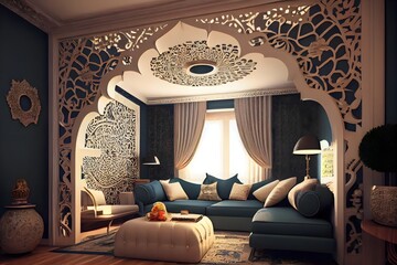 Living room Islamic and Arabic concept, islamic interior design with arch, Ai generative