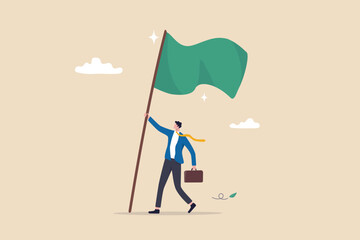 Business victory, mission accomplishment or success achievement, leadership or triumph to win competition, challenge concept, success businessman raising winning flag with triumph and proud. - obrazy, fototapety, plakaty