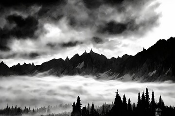 black and white style mountain sky mist