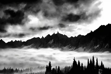 Papier Peint photo Lavable Forêt dans le brouillard black and white style mountain sky mist