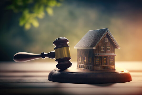Gavel justice hammer and house model. Real estate law. Taxes and profits to invest in real estate and home buying.Generative AI
