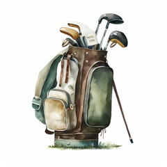 Watercolor of vintage golf bag on white background created with Generative AI technology - obrazy, fototapety, plakaty