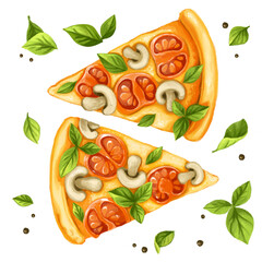 Pizza with mushrooms, basil and tomatoes. Italian Cuisine
