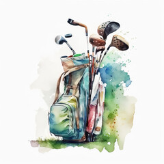 Watercolor of vintage golf bag on white background created with Generative AI technology