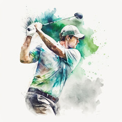 Watercolor painting of a golfer's full swing created with Generative AI technology - obrazy, fototapety, plakaty