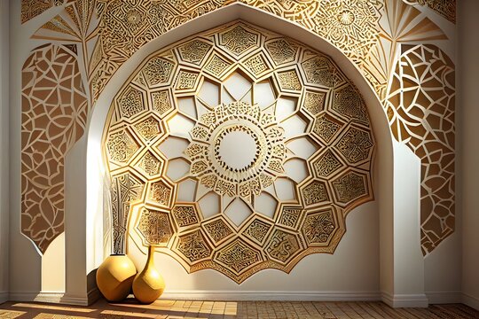 Arabic mosaic background, islamic pattern on wall with sunlight, Ai generative