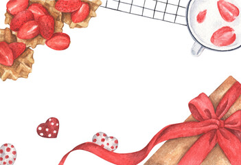 Strawberry desserts with gift box and chocolate heart. Watercolor .