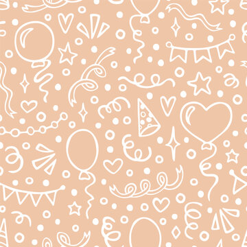 Happy Birthday seamless pattern with hand drawn doodles. Cute design for textile, wallpaper, wrapping paper.