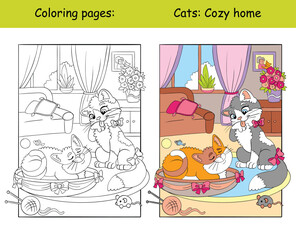 Coloring and color two cute cats vector