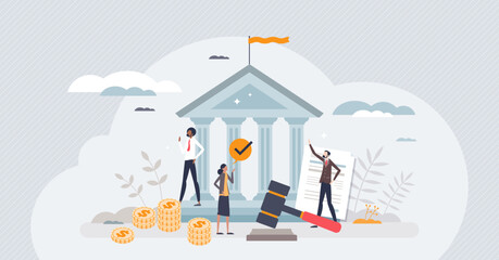 Fototapeta na wymiar Financial regulation as principles for EU budget tiny person concept. Banking management with government standards for money organization vector illustration. Establishment, implementation and control