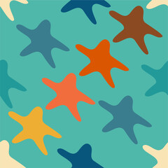 Pattern. Pointed shining stars composition, pop art groovy ornament 70s flat star for print, vector illustration. Design for paper, print, fabric, wallpaper, packaging, textile
