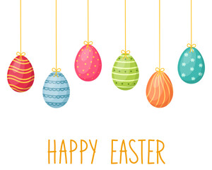 Happy Easter card with eggs and handwriting text, vector illustration