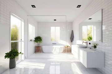 The white tile, wide mirror, bathtub, and shower enclosure in this modern bathroom make for a light and airy space. Generative AI
