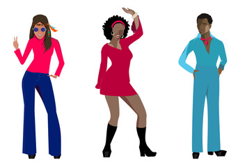 Set of people from 70s.  Stylish character in party clothes of 70s. 
Flat vector illustration isolated on white background.
Design for paper, print, fabric, wallpaper, poster, card, avatar