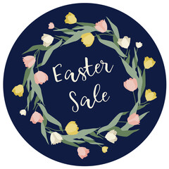 Vector Easter price label illustration. Floral wreath for Easter sale sticker. Price sign with white, red and yellow tulips on dark blue background. Cute vector floral Cost tag sticker.