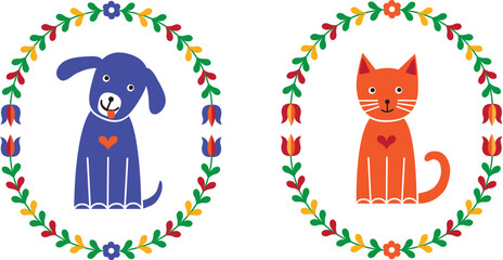 A dog and a cat with folklore floral ornament (Slovakia). Vector illustration. Isolated. - 578651040