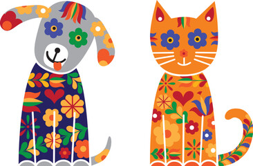 A dog and a cat with a folklore pattern. (Slovak floral ornaments.) - 578651041