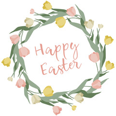 Happy Easter flat vector illustration. Cute floral wreath for Happy Easter sticker. Easter banner with white, red and yellow tulips on white background.