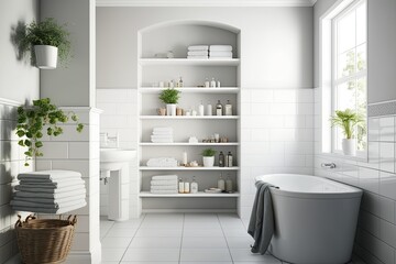 Fototapeta na wymiar A chic bathroom with a white tiled wall, gray tiled floor, a relaxing white bathtub, and shelves stocked with towels and toiletries. Generative AI