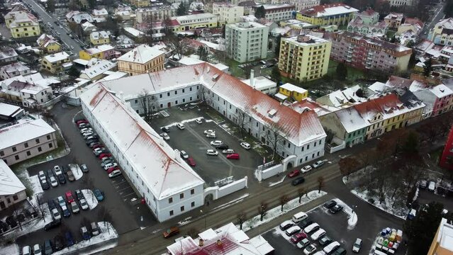 An important official building in the town. The town office. Aerial. Winter.