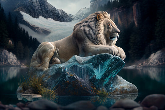 Lion allong&eacute; sur un rocher de glace au milieu d'un lac. IA g&eacute;n&eacute;rative