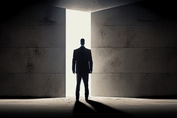 Back view of businessman walking to the bright light gate background, success and leadership concept, generative ai