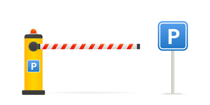Closed car barriers. Parking barrier gate sign. Street road stop border. Barricade with flashing light for safety. Curb for entering the park, garage, construction. Vector illustration