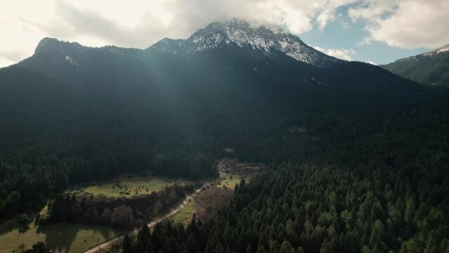 Heaven Sky, Mountain Peaks and Pine Forest with Sunlight Rays, Aerial Shot of Lake Doxa Greece, Idyllic Godlike Travel Destination, Ziria and Chelmos